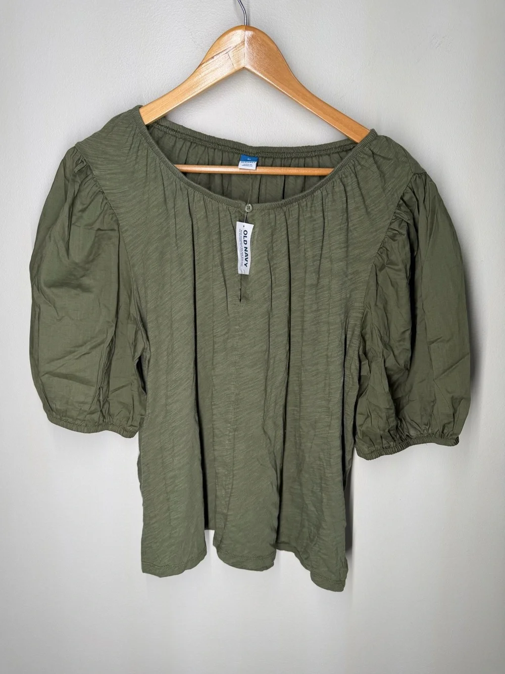 NEW‎ Old Navy Boho Cottagecore Cotton Puff Sleeve Peasant Blouse Olive Green XL